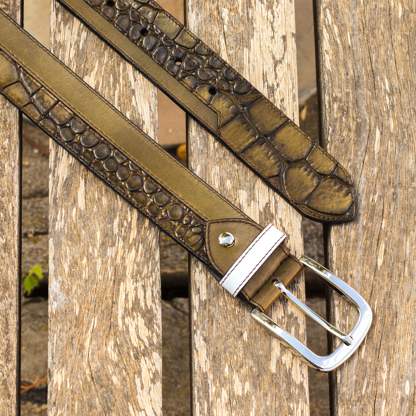 Leather Belt │ Olive Green Croc-Effect