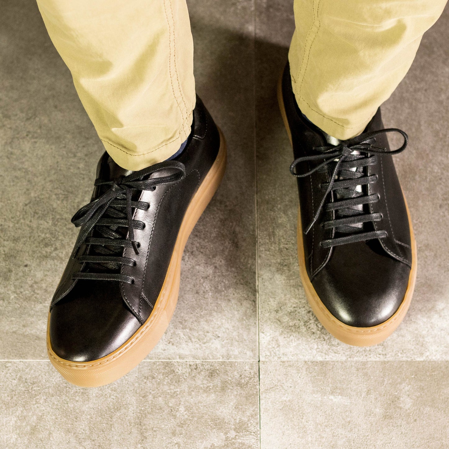 Leather Trainer │ Black Painted Calf - Caramel Sole