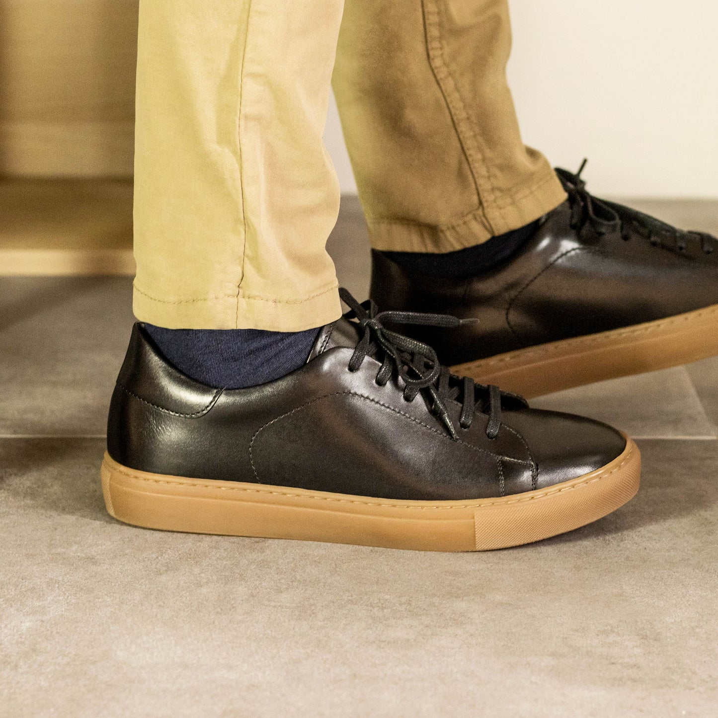 Leather Trainer │ Black Painted Calf - Caramel Sole