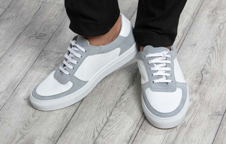 Leather & Suede Low Top Trainer │ White & Grey