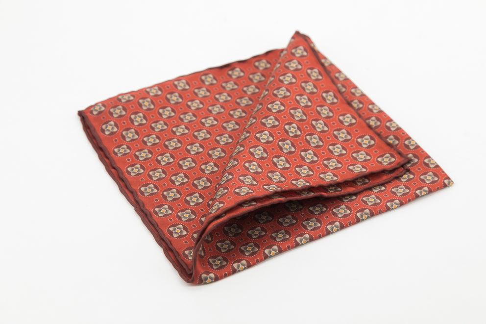 Pocket Square - Orange with Grey Flowers Pattern