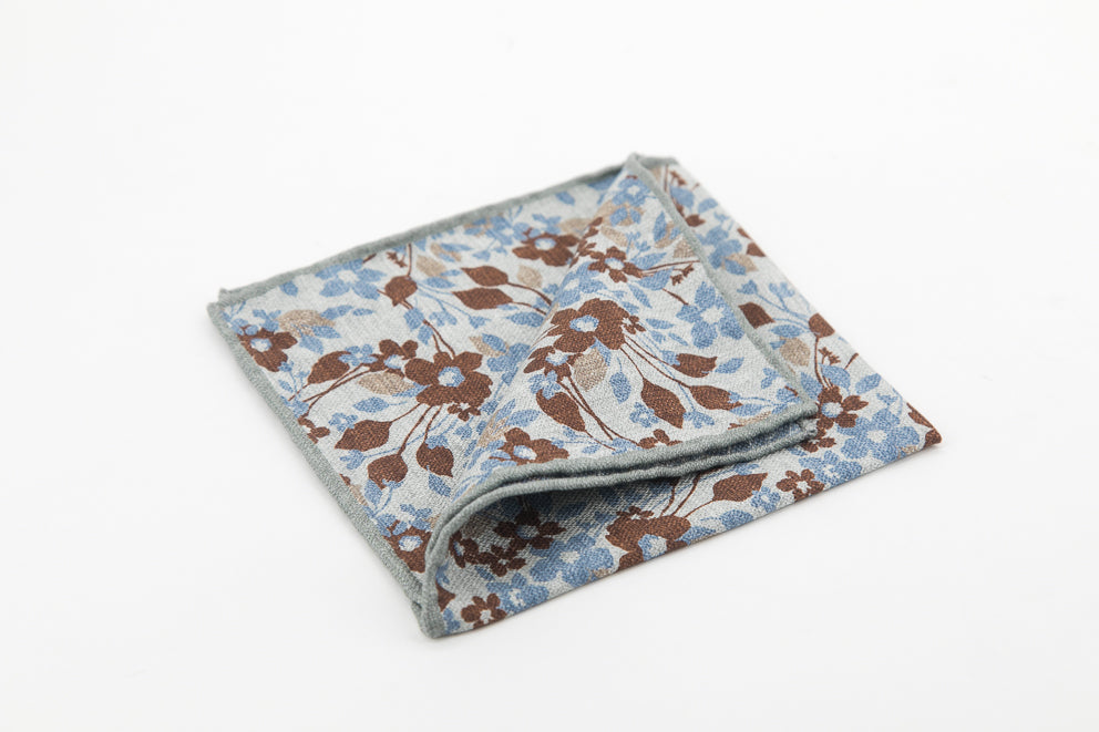 Pocket Square - Light Grey & Brown Flowers Pattern