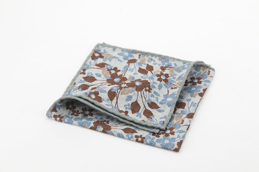 Pocket Square - Light Grey & Brown Flowers Pattern