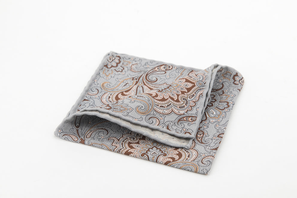 Pocket Square - Grey & Brown Paisley Pattern