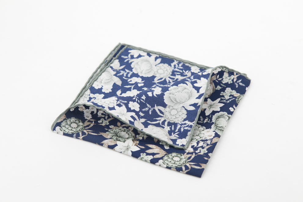 Pocket Square - Navy & Grey Flowers Pattern