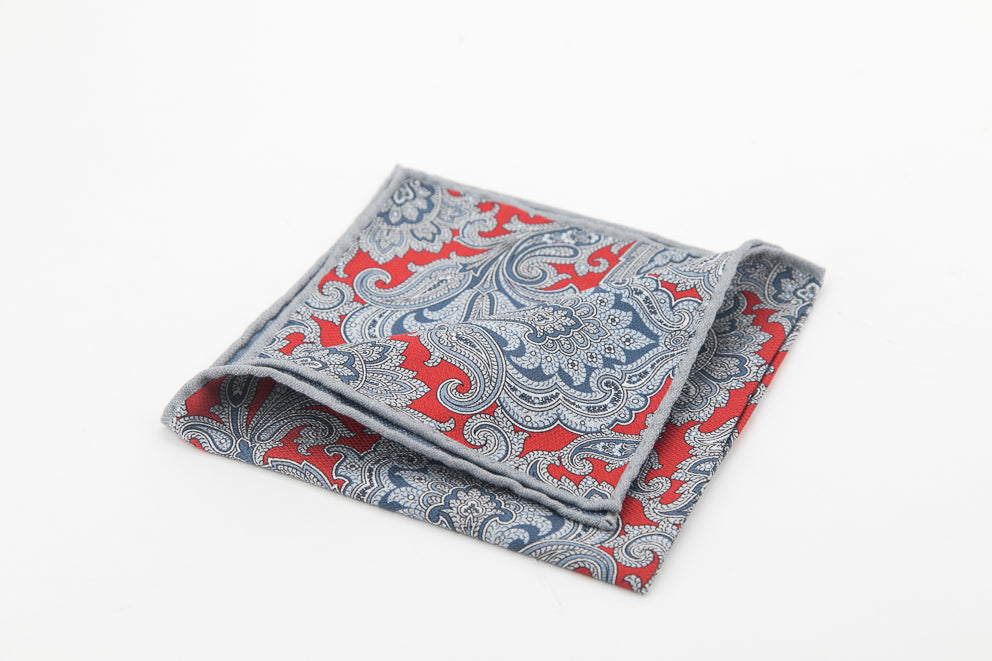 Pocket Square - Grey & Orange Paisley