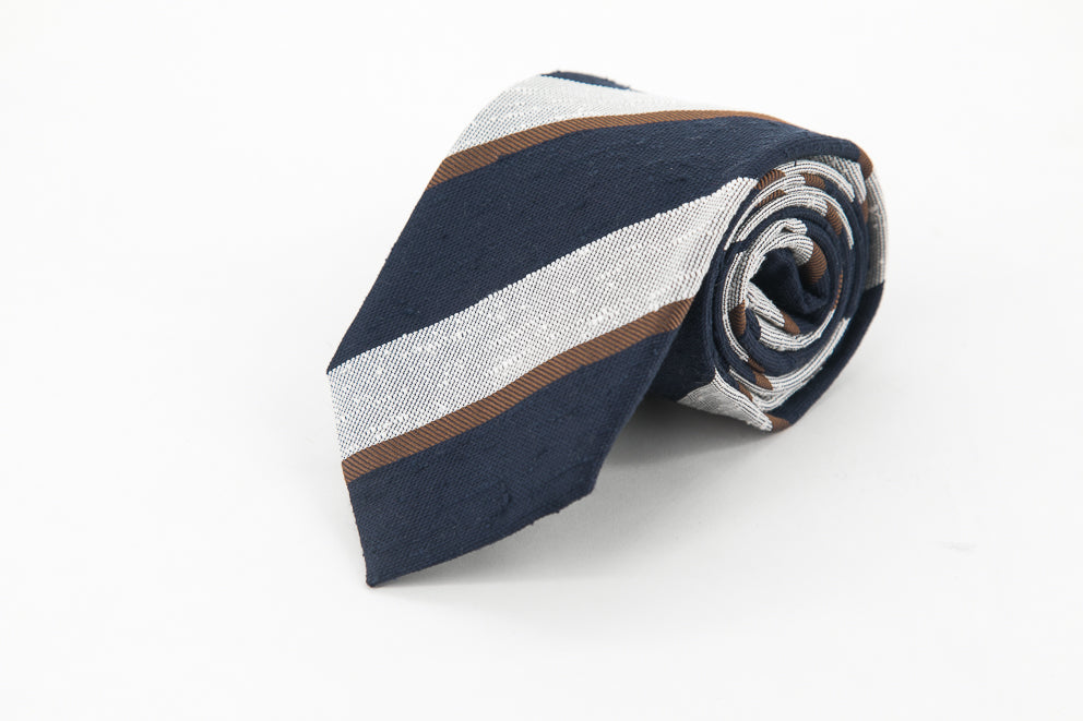 TIE - Striped  Navy Brown & White