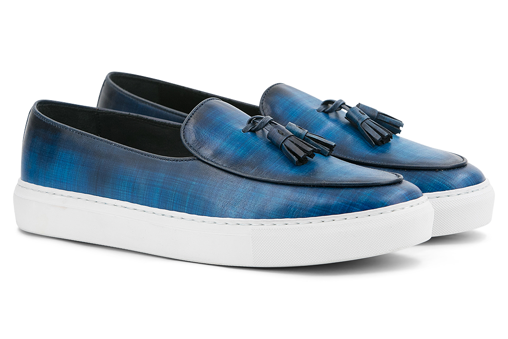 Leather Belgian Sneakers │ Blue Papiro Patina & Tassels