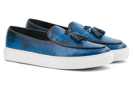 Leather Belgian Sneakers │ Blue Papiro Patina & Tassels