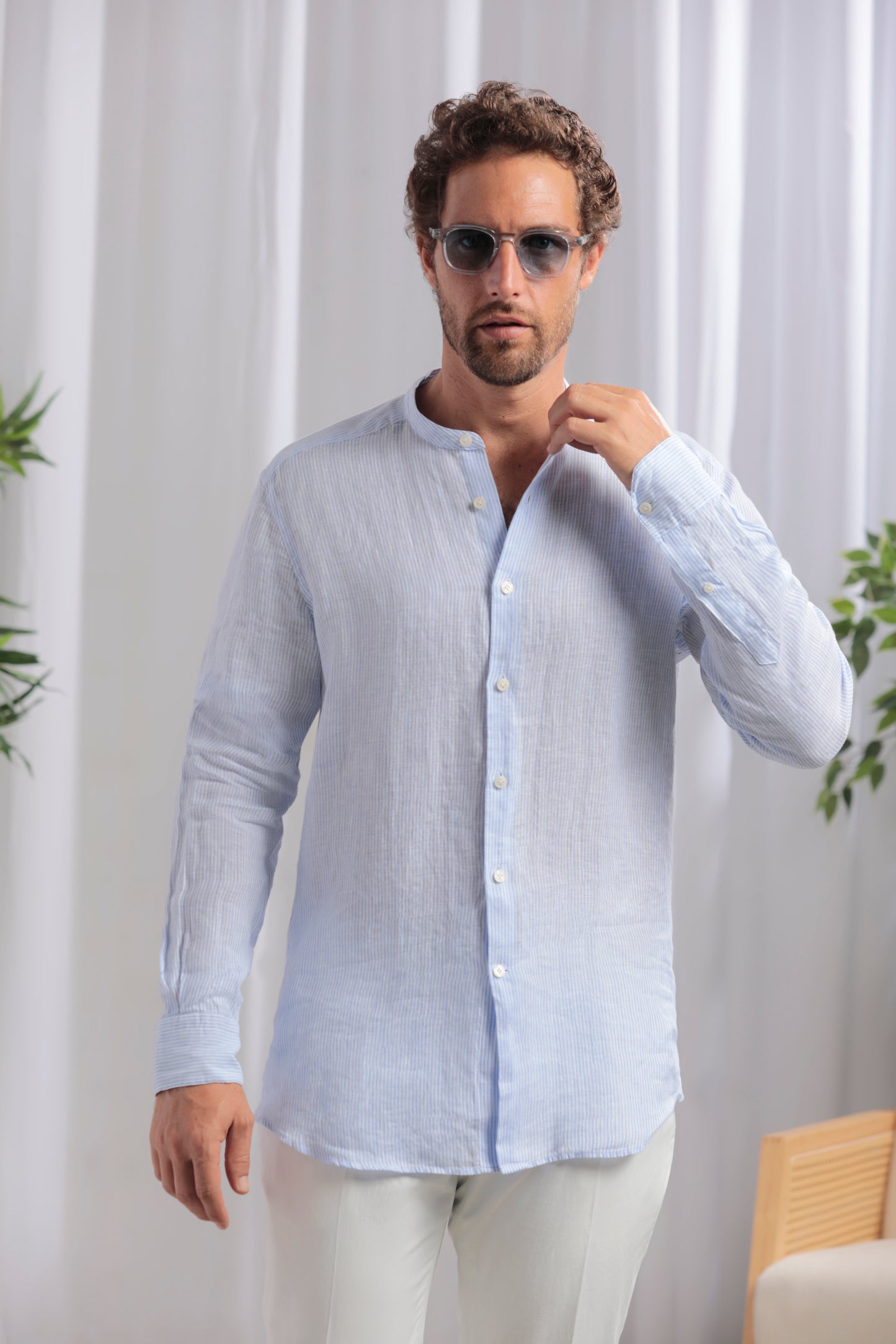 Mao Linen Shirt │ Blue Stripes