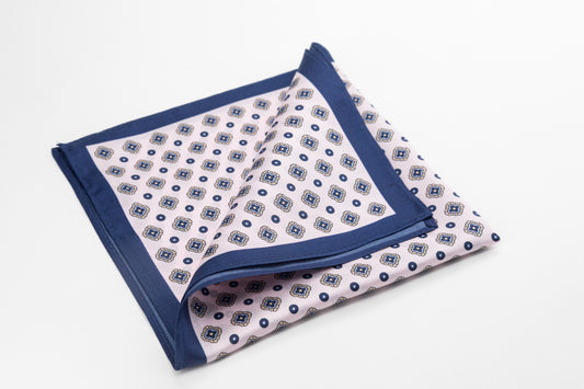 Pocket Square - Navy Blue Printed Medallion Silk Twill