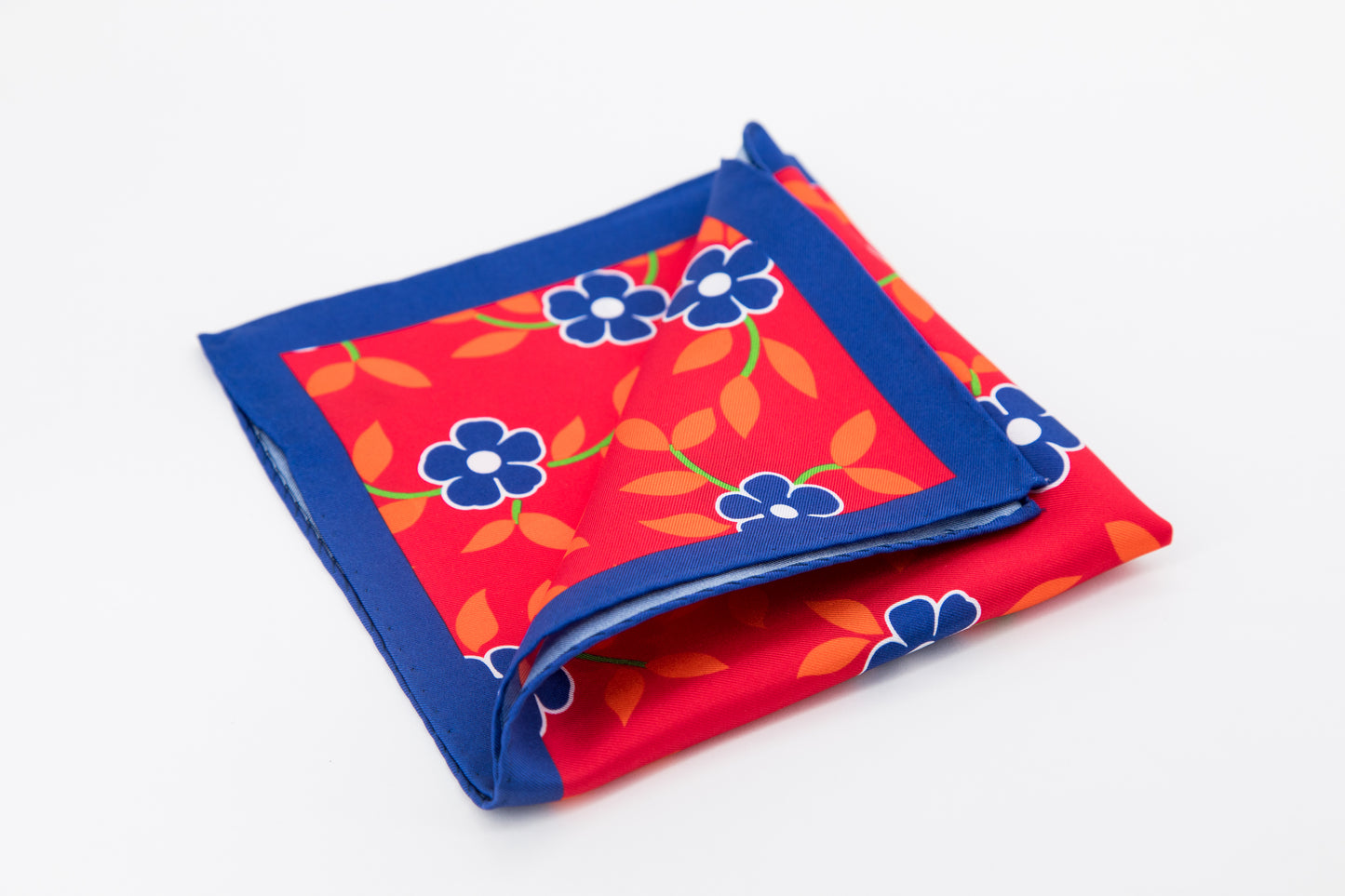 Pocket Square - Blue and Orange Flowers Red Background