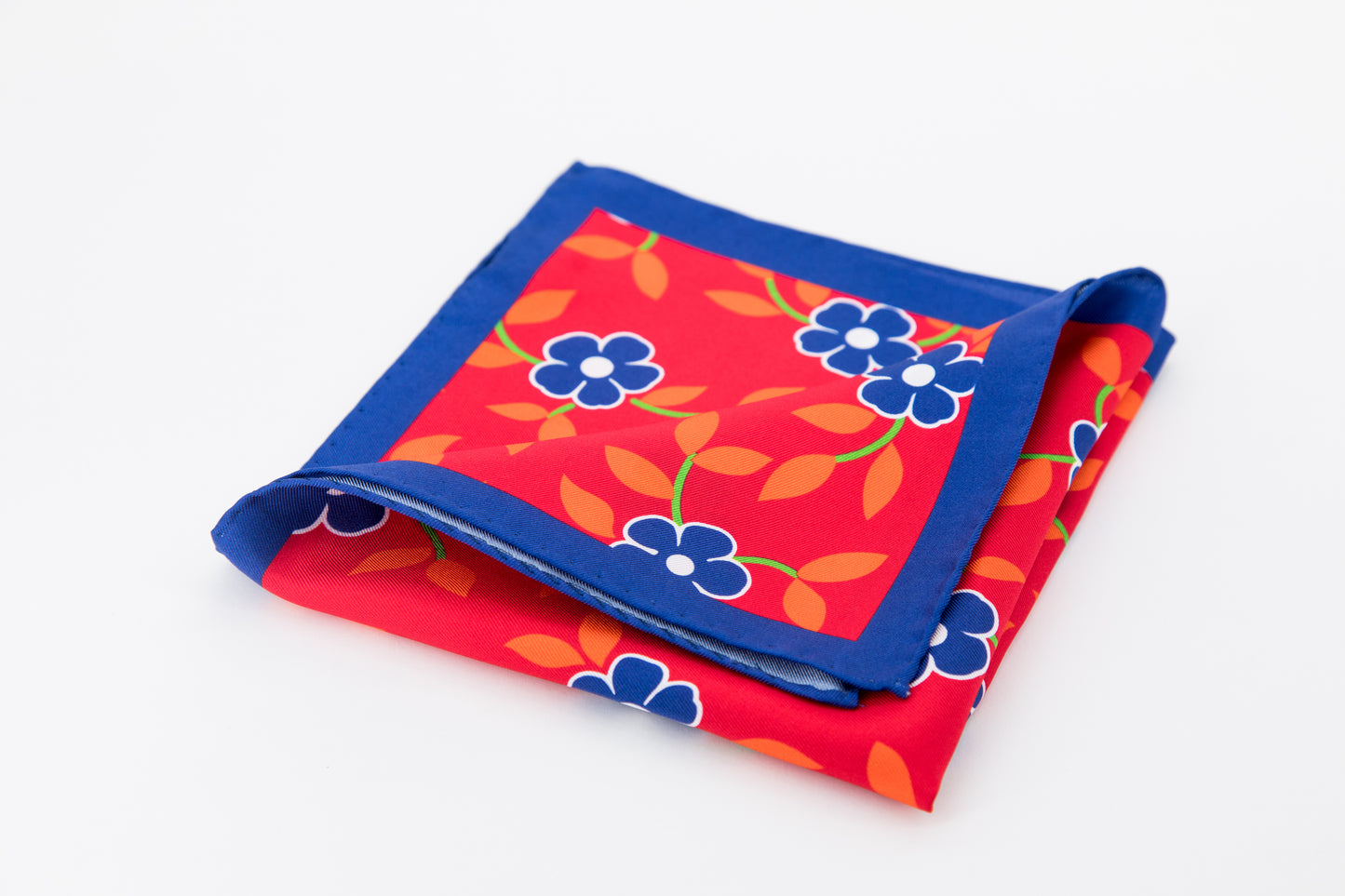 Pocket Square - Blue and Orange Flowers Red Background