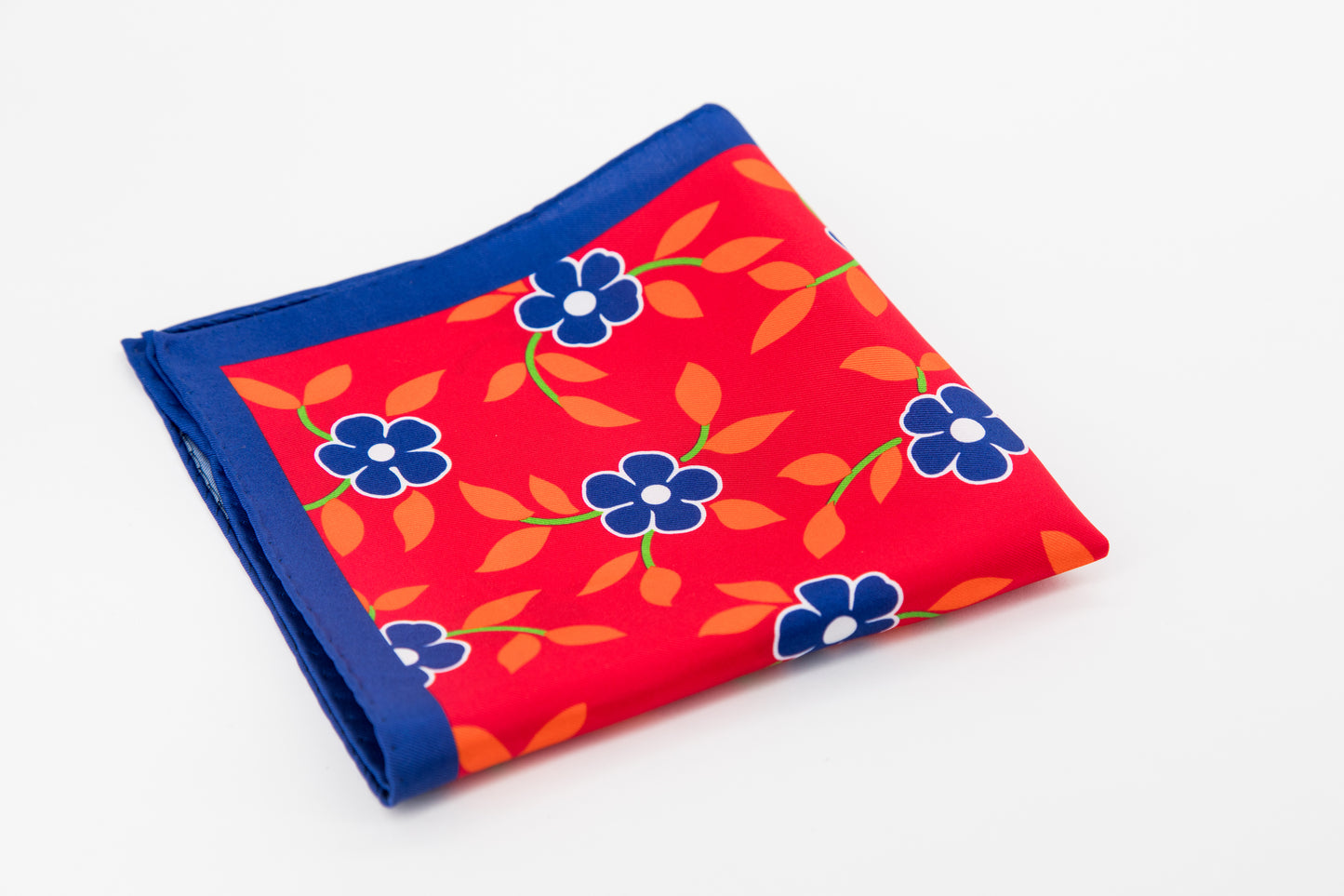 Pocket Square - Blue and Orange Flowers Red Background