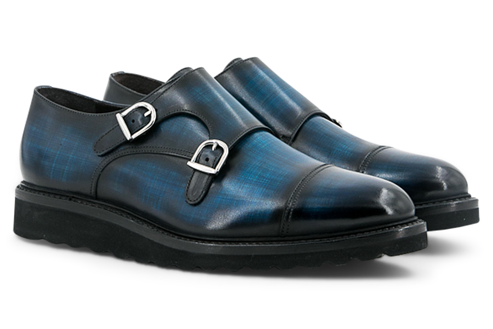 Leather Double Monk Savile │ Blue Papiro Patina with Vibram Soles