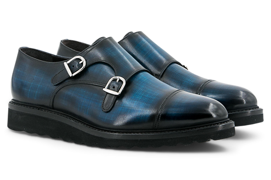 Leather Double Monk Savile │ Blue Papiro Patina with Vibram Soles