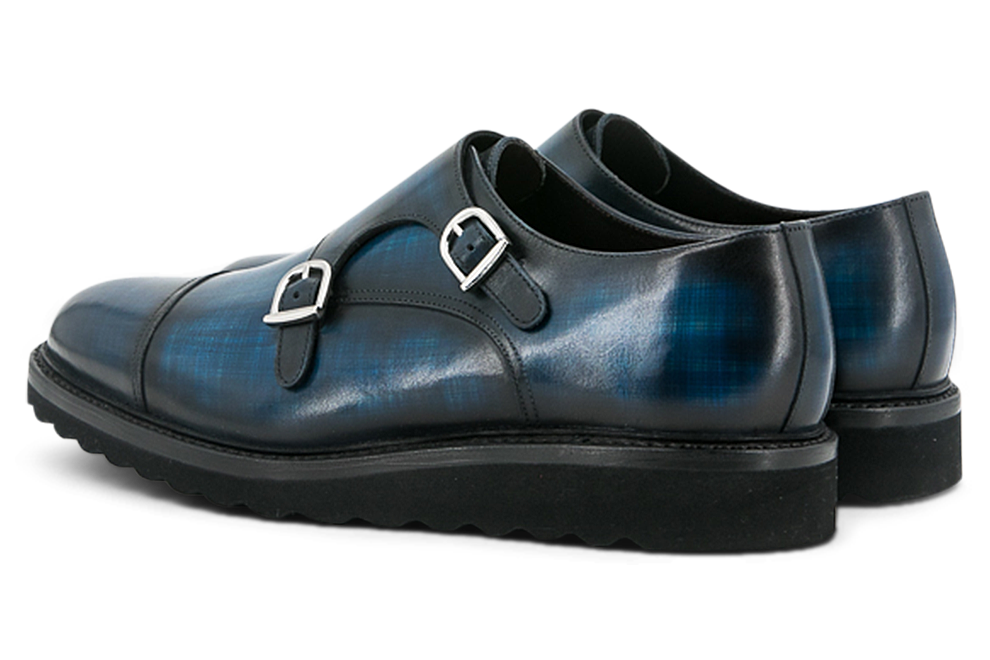 Leather Double Monk Savile │ Blue Papiro Patina with Vibram Soles