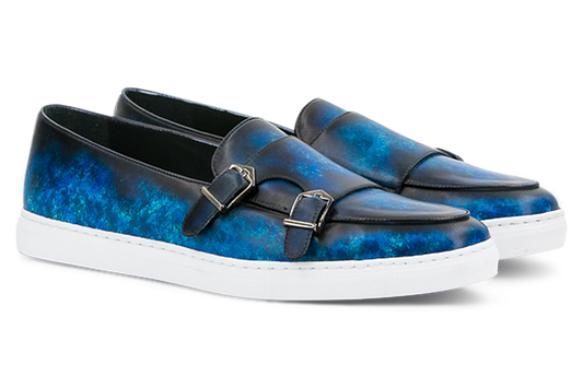 Leather Double Monk Sneakers │ Blue Marble Patina