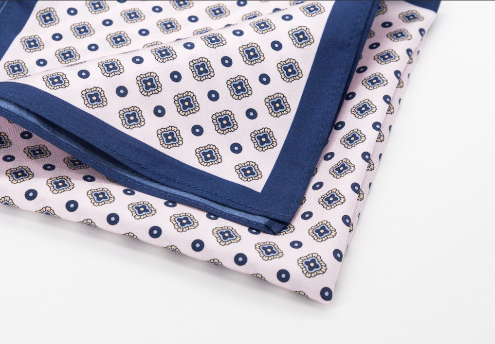 Pocket Square - Navy Blue Printed Medallion Silk Twill