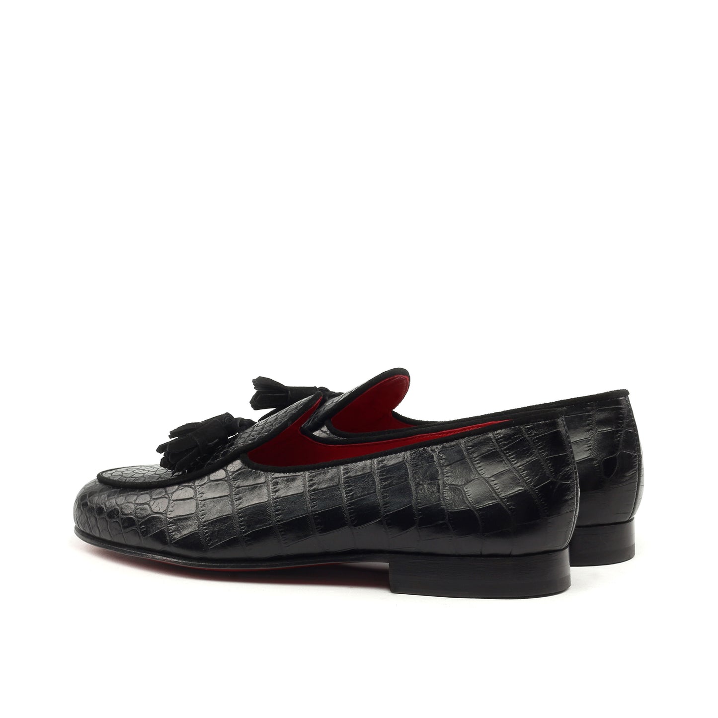 Leather Croc-Effect Slippers │ Black - Red Soles