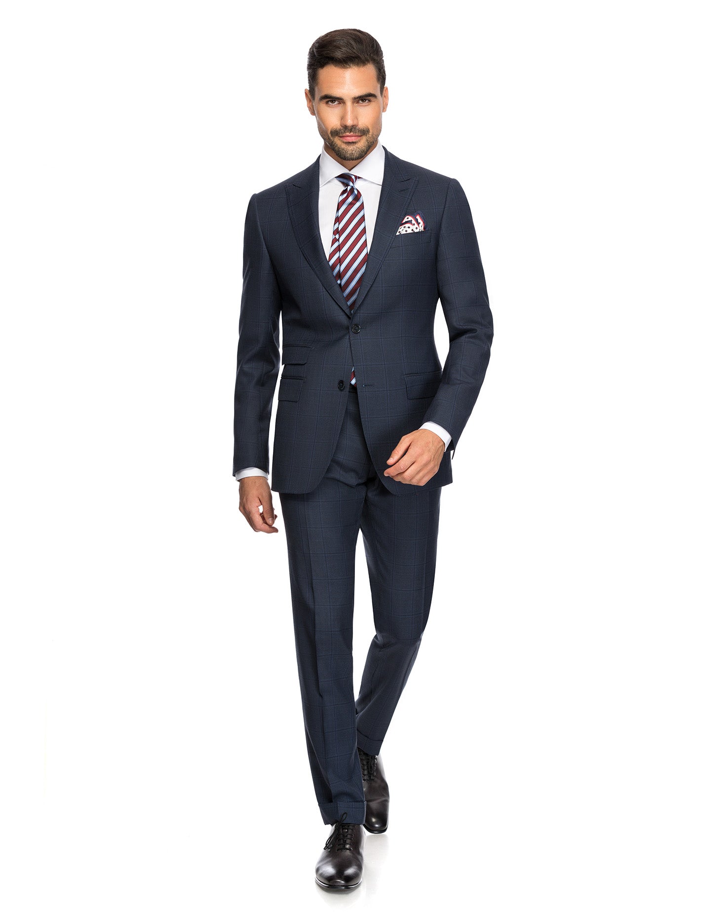 Blue check Suit peak lapel