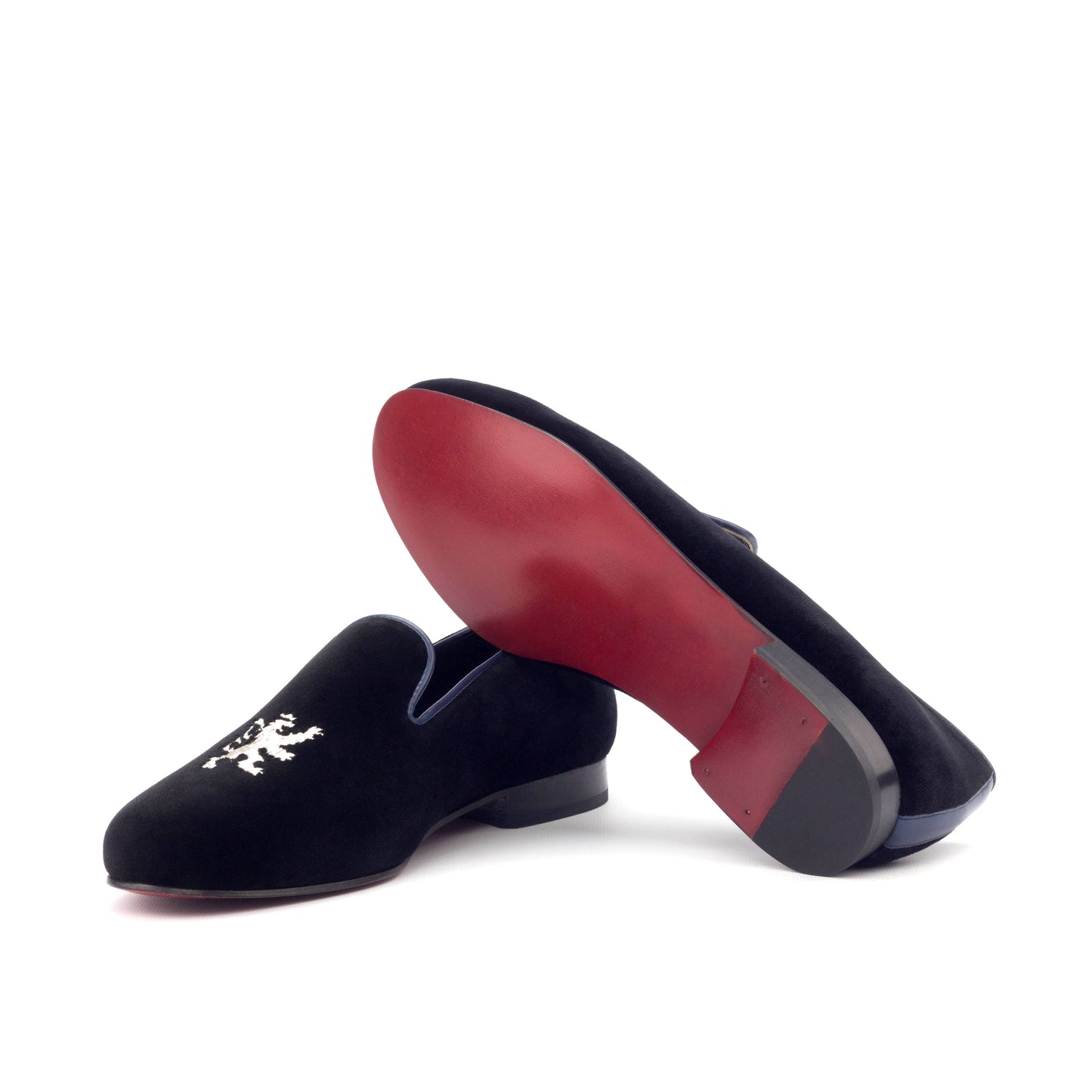 Velvet Slippers │ Navy - Lion Symbol - Red Soles